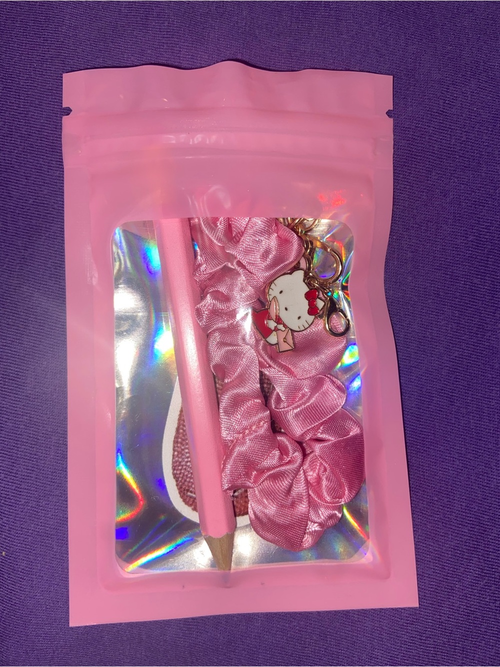 Hello Kitty Pink Satin Scrunchie Set with Charm & Pink Pencil